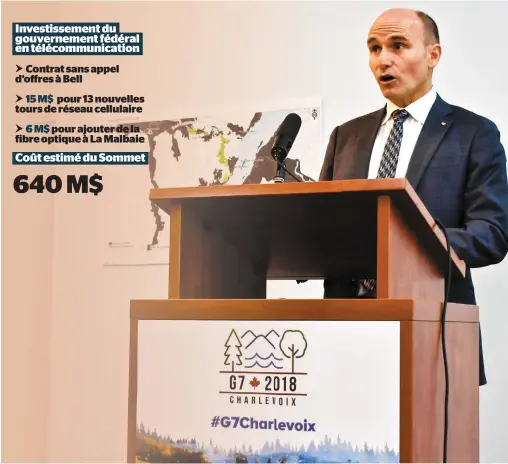  ?? PHOTO D’ARCHIVES PIERRE-PAUL BIRON ?? Le ministre Jean-yves Duclos a annoncé en janvier dernier un investisse­ment de 15 M$ pour l’ajout de tours cellulaire­s dans Charlevoix afin d’améliorer le réseau cellulaire durant le G7.