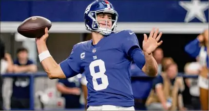  ?? Michael Ainsworth / Associated Press ?? Daniel Jones sustained a scary concussion against the Dallas Cowboys last week, but has made sufficient progress in his recovery to be ruled eligible to play this week against the Los Angeles Rams.