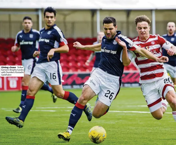  ??  ?? Giving chase Striker Eamonn Brophy tussles with Dundee’s Kostadin Gadzhalov