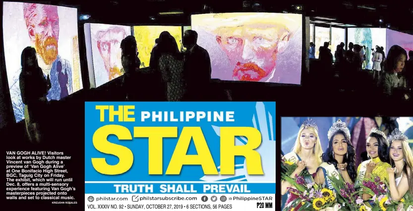  ?? KRIZJOHN ROSALES ?? VAN GOGH ALIVE! Visitors look at works by Dutch master Vincent van Gogh during a preview of ‘Van Gogh Alive’ at One Bonifacio High Street, BGC, Taguig City on Friday. The exhibit, which will run until Dec. 8, offers a multi-sensory experience featuring Van Gogh’s masterpiec­es projected onto walls and set to classical music.