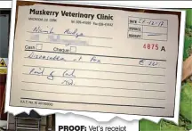  ??  ?? proof: Vet’s receipt for disposing of the fox, and, right, Ms Hodge’s house, which adjoins the fields where the hunt took place