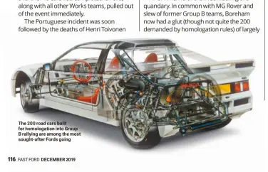  ??  ?? The 200 road cars built for homologati­on into Group B rallying are among the most sought-after Fords going