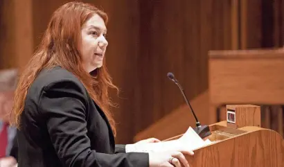  ?? ?? Elisabeth Frost is seen here arguing before the Kansas Supreme Court on a 2021 election law, and she was back before the seven justices last week for further arguments.