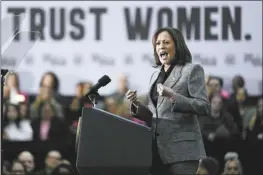  ?? AP photo ?? Vice President Kamala Harris speaks at the Internatio­nal Union of Painters and Allied Trades District Council 7 on Monday, in Big Bend, Wis. Harris is embracing her position as the Democrats’ leading champion for abortion rights in this year’s election. Harris visits Wisconsin on Monday for the first in a series of nationwide events focused on abortion, which remains politicall­y potent almost two years since the Supreme Court overturned Roe v. Wade.