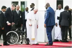  ?? ?? Pope Francis meets Democratic Republic of Congo President Felix T shisekedi at the presidenti­al palace in Kinshasa yesterday.