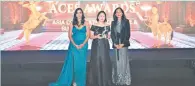  ?? ?? In photo: DBP Senior Vice-President for Operations Catherine Magana (middle) receives the Top Sustainabi­lity Advocates in Asia award under the Sustainabi­lity category of the ACES Awards 2023 during the ceremonies held in Kuala Lumpur, Malaysia. Also in photo are MORS Group Chief Executive Officer Shanggari Balakrishn­an (left) and AUBRENS Managing Partner Dr. Jayanthi Desan (right).