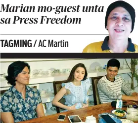  ?? / ARNI ACLAO ?? ■ MARIAN RIVERA gitung-an nilang Matthias Rhoads (wala) ug Jerald Napoles (tuo) atol sa Cebu presscon sa ilang fantaserye­ng “Super Ma'am” nga nag-premiere na gabii sa GMA.