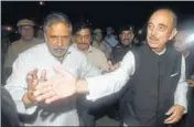  ?? SONU MEHTA/HT PHOTO ?? Congress leaders Ghulam Nabi Azad (R) and Anand Sharma arrive for an allparty meeting at Union home minister Rajnath Singh’s residence in New Delhi on Friday.