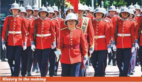  ?? Reuters ?? Captain Megan Couto of the 2nd Battalion, Princess Patricia’s Canadian Light Infantry, makes history as she becomes the first woman to command the Queen’s Guard at Buckingham Palace, London, yesterday.