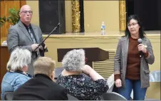  ?? Matthew Liebenberg/Prairie Post ?? Chinook Board Chair Kimberly Pridmore speaks during the informatio­nal meeting in Swift Current, Oct. 23. Chinook Director of Education Mark Benesh is standing with her.