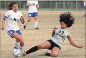  ?? Jeremy Stewart / RN-T ?? Coosa’s Alexis Davis (20) slides in for the tackle in front of Model’s Jennifer Espinoza (6) during the second half of a Region 7-AA match Friday at Model High School.