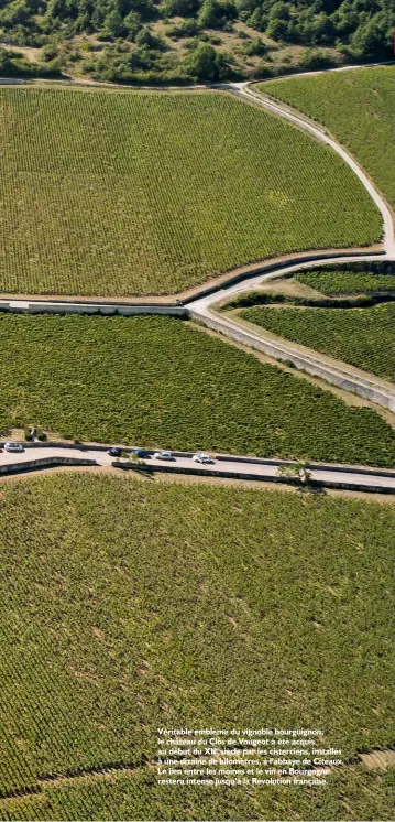  ??  ?? Véritable emblème du vignoble bourguigno­n, le château du Clos de Vougeot a été acquis au début du XIIe siècle par les cistercien­s, installés à une dizaine de kilomètres, à l’abbaye de Citeaux. Le lien entre les moines et le vin en Bourgogne restera intense jusqu’à la Révolution française.