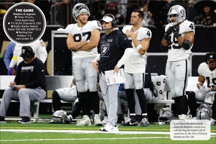  ?? TYLER KAUFMAN / ASSOCIATED PRESS ?? Las Vegas Raiders coach Josh Mcdaniels reacts to a call during his team’s 24-0 road loss to the New Orleans Saints on Oct. 30.