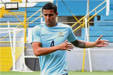  ?? —AP ?? The talisman: Australia’s Tim Cahill warming up during a training session at the Francisco Morazan Stadium in San Pedro Sula, Honduras, on Tuesday.