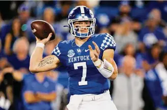  ?? Michael Clubb/Associated Press ?? Kentucky quarterbac­k Will Levis throws a pass during the first half against Northern Illinois in Lexington, Ky., on Sept. 24.