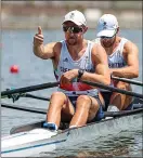  ??  ?? We’re off: Team GB’s John Colins gives the thumbs up in the double sculls today