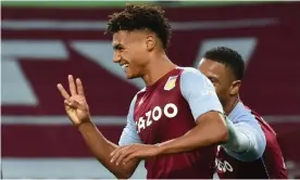  ??  ?? Ollie Watkins celebrates his third goal in an astonishin­g 7-2 win for Aston Villa. Photograph: Rui Vieira/Reuters