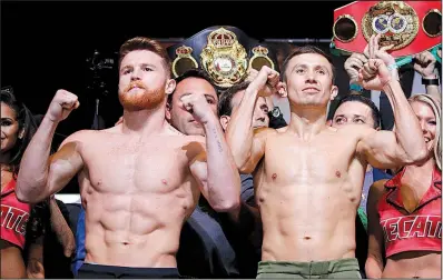  ?? AP/JOHN LOCTER ?? Gennady Golovkin (right) of Kazakhstan and Canelo Alvarez of Mexico pose after Friday’s weigh-in for tonight’s world middleweig­ht title fight in Las Vegas. “It’s a true fight,” Golovkin said. “You can go back home or go to the hospital.”