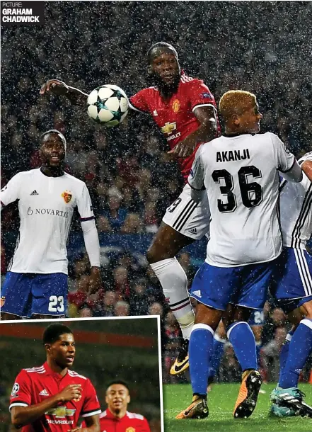  ?? ACTION IMAGES/REUTERS ?? Raining goals: Fellaini leaps above the Basle defence to give United the lead and Rashford (left) celebrates his late strike