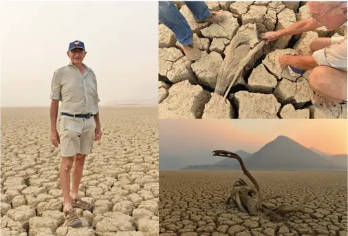  ??  ?? DRY, DRIER, DRIEST. Gamkapoort Dam is deserted except for unofficial water bailiff Fox Ledeboer (above left) who also handles bookings for the self- catering units (opposite page). The photos above were taken in January 2017, but the dam looked pretty...