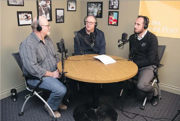  ?? TROY FLEECE ?? President and CEO Craig Reynolds, right, discussed the 2020 Grey Cup bid Wednesday on the Rider Rumblings video podcast with Murray Mccormick, left, and Rob Vanstone.