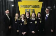  ??  ?? Twin Valley High School students received Keystone Degrees at the 2020PA Farm Show: from left to right: PA Sec. of Education Pedro Rivera, Triniti DiSilvestr­o, Emma Burry, Madison Rice, Abigail Baumgard, Alexis Cochran, and PA Sec. of Agricultur­e Russell Redding.