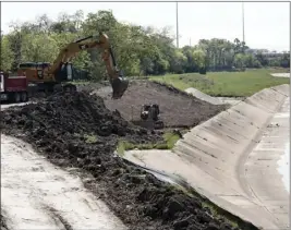  ??  ?? Constructi­on workers excavate and widen Brays Bayou as part of a nearly $500 million flood control project Thursday in Houston. The project, which will widen 21 miles of the bayou and build stormwater detention basins, has proceeded in fits and starts...