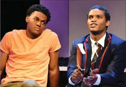  ?? JAY YAMADA — CUSTOM MADE THEATRE COMPANY ?? Tre’Vonne Bell, left, and Jesse Franklin star in “Hooded, or Being Black for Dummies” at Custom Made Theatre.