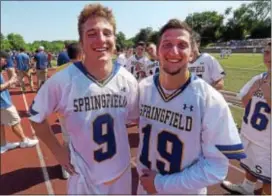  ?? PETE BANNAN — DIGITAL FIRST MEDIA ?? Springfiel­d’s Jack Spence, left, scored the game-winning goal in the Class 2A state championsh­ip win Saturday over West Chester Henderson. Brother James Spence, right, made 8 saves in the game.