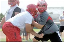  ?? BEA AHBECK/NEWS-SENTINEL ?? Ben Bishop and Tyler Wooldridge practice defense during football practice at Lodi High in Lodi on Aug. 3, 2017.