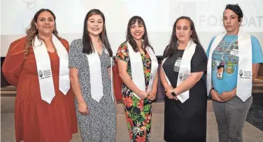  ?? PROVIDED BY OKCPS ?? Graduation ceremony for the OKCPS Teacher Pipeline program held on May 2. The five graduates, from left, are Lissa Nunez, Priscilla Rojas, Martha Martinez-Ramos, Maira Mejia and Jamie Coles.