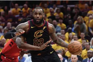  ??  ?? CLEVELAND CAVALIERS forward LeBron James (23) drives against Toronto Raptors forward OG Anunoby (3) in the third quarter in Game Four of the second round of the 2018 NBA Playoffs.