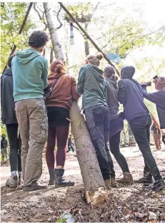  ?? FOTO: IMAGO ?? Aktivisten der Aktion Unterholz unterstütz­en die Waldbesetz­er bei dem Bau eines großen Tripods am Eingang zum Hambacher Forst.