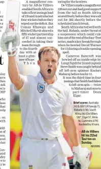  ?? REUTERS ?? AB de Villiers hit his 22nd Test ton on Sunday.