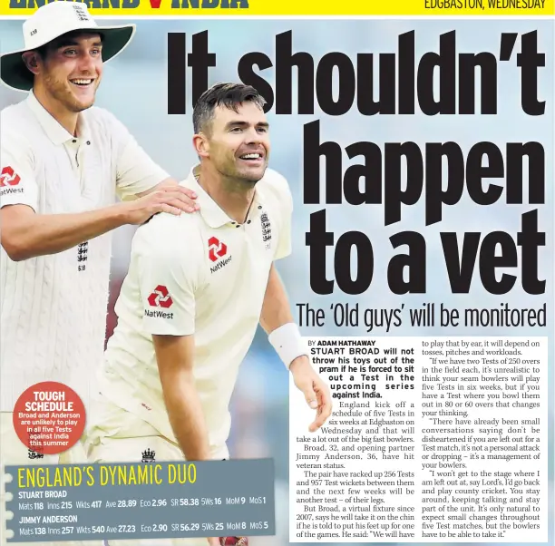  ??  ?? TOUGH SCHEDULE Broad and Anderson are unlikely to play in all five Tests against India this summer