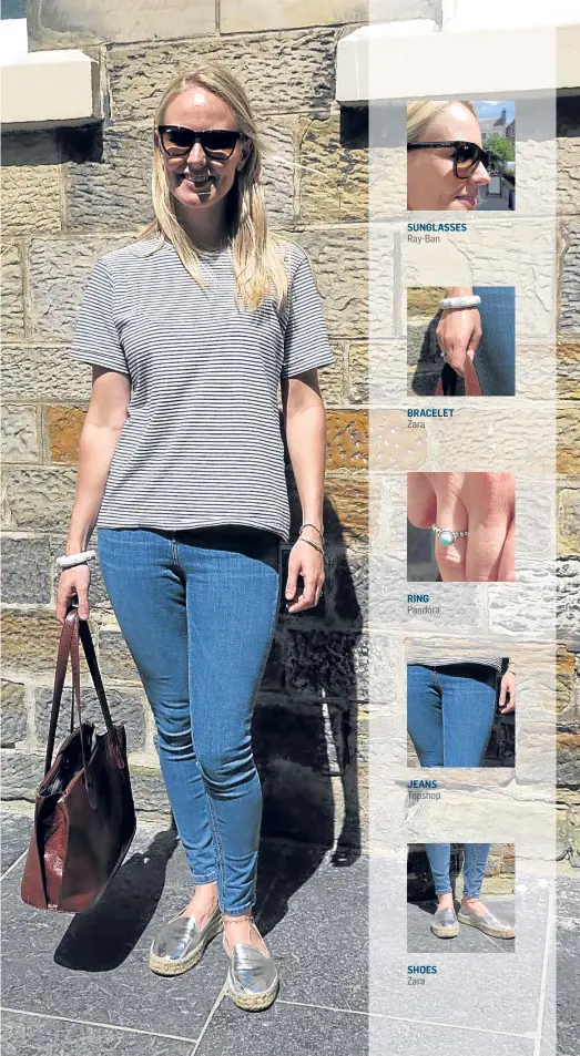  ??  ?? SUNGLASSES Ray-Ban BRACELET Zara RING Pandora JEANS Topshop SHOES Zara