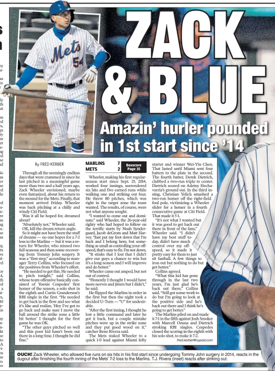  ??  ?? OUCH! Zack Wheeler, who allowed five runs on six hits in his first start since undergoing Tommy John surgery in 2014, reacts in the dugout after finishing the fourth inning of the Mets’ 7-2 loss to the Marlins. T.J. Rivera (inset) reacts after striking...