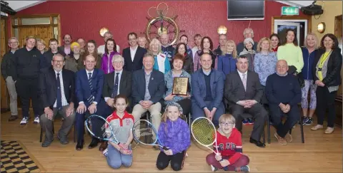  ??  ?? Front (from left): President of Tennis Ireland Clifford Carroll, Minister Of Defence Paul Kehoe, Chairman of Parks Tennis Austin Pender, Club Commodore TomConway, Tennis Captain Bernie Morrissey, C.E.O. of Tennis Ireland Richard Fahey, Deputy Mayor Councillor George Lawlor, Vice-Commodore Joe Corrigan, with many club Senior and Junior members. Photograph: Alan Mahon.