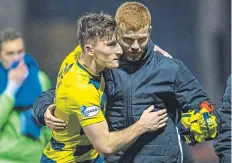  ??  ?? Ruari Paton (left) after Stranraer had knocked out Kelty Hearts in an earlier round of the Scottish Cup