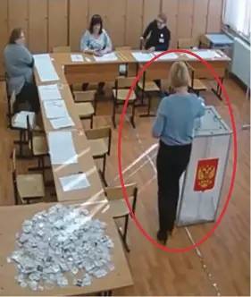  ??  ?? Fix: CCTV footage from polling stations in Russia appears to show election officials, circled, stuffing ballot boxes in a bid to increase the votes for incumbent Vladimir Putin