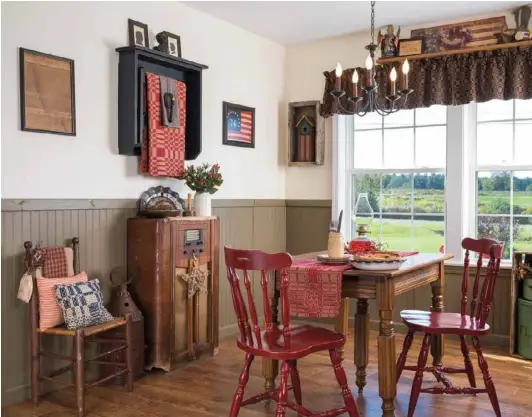  ??  ?? Above: The craft room overlooks a dairy farm, giving Kim a pastoral view while she works to upcycle her vintage finds. The dining set and cabinetsty­le radio were passed down through the generation­s and stir fond memories. Red fabrics and decorative elements sprinkled throughout the room tie in with the red chairs.