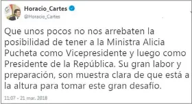  ??  ?? El tuit en la cuenta oficial de Horacio Cartes, en la víspera, luego de no tratarse en el Congreso la renuncia del Vicepresid­ente.