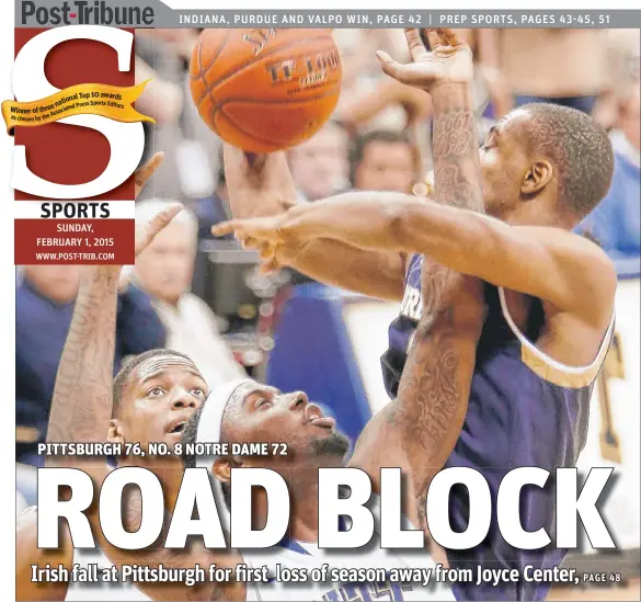  ?? | AP PHOTO ?? Notre Dame’s Jerian Grant (right) and Pittsburgh’s Jamel Artis battle for a rebound on Saturday in Pittsburgh.