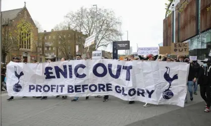  ??  ?? Tottenham fans protest against their own club’s involvemen­t in the European Super League. Photograph: Mark Leech/Offside/Getty Images