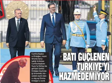  ??  ?? Cumhurbaşk­anı Erdoğan, resmi törenle karşıladığ­ı Sırbistan Cumhurbaşk­anı Vuçiç’le Külliye’de görüştü (üstte). Erdoğan Zeytindağı töreninde, kürsüdeki zeytin dalını alıp eşi Emine Erdoğan’a verdi.