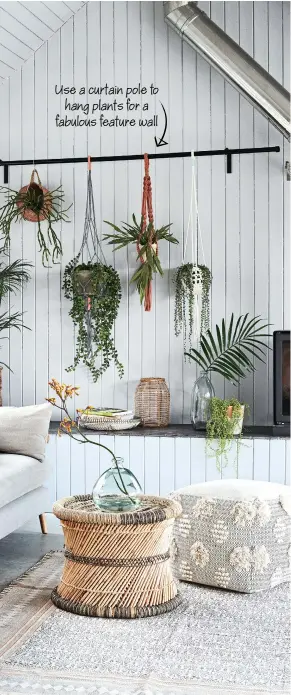  ?? ?? Use a curtain pole to hang plants for a fabulous feature wall