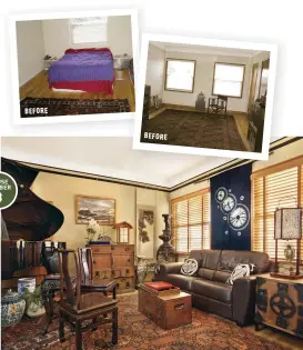  ??  ?? ABOVE Before and After views of the condo bedroom and living room show how the couple transforme­d a white-box apartment using their color sense and Asian antiques. BELOW In the dining room of the 1920 Portland bungalow, a mizuya (kitchen tansu) sits near the treasured, hand-dyed indigo kasuri wall-hanging. Walls are covered in grasscloth. BELOW LEFT Stickley furniture is a good backdrop for Asian antiques that include a paper-covered lamp. Coincident­ally, the previous owner had “ebonized” the woodwork.