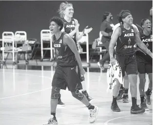  ?? PHELAN M. EBENHACK/AP ?? Las Vegas Aces forward Angel McCoughtry celebrates after Game 5 of a semi-final round playoff series against the Connecticu­t Sun on Sept. 29, 2020, in Bradenton, Florida.