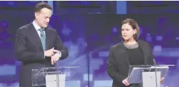  ?? NIALL CARSON / POOL / GETTY IMAGES ?? Fine Gael leader and Irish Prime Minister Leo Varadkar and Sinn Fein President Mary Lou Mcdonald take part in a debate Tuesday ahead of Saturday’s election.