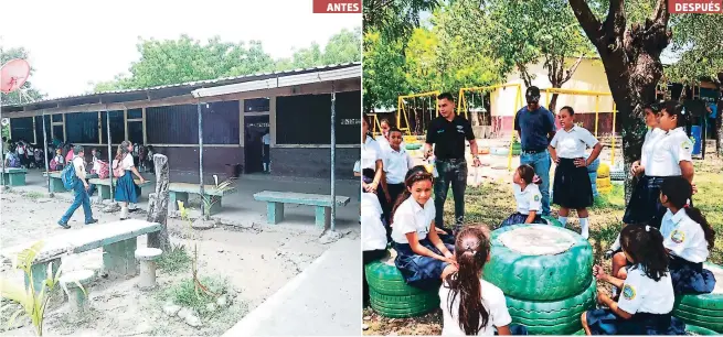  ??  ?? El espacio en el CEB Ramón de Jesús Zelaya era aburrido, triste y no invitaba a los alumnos a disfrutar de las áreas verdes. Mediante el uso de llantas recicladas y otros objetos que se encontraba­n dentro del centro educativo se logró cambiar el aspecto del área verde y sectores de juegos para los alumnos y docentes.